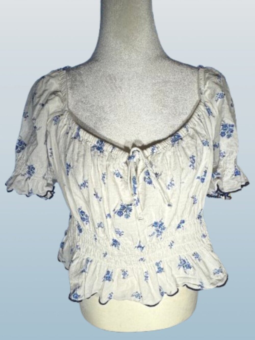 H&M Peplum White with Blue Floral Cotton Smocked Square Neck Top Size X-Large
